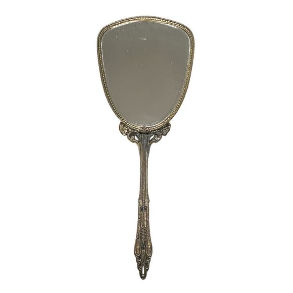 Vintage Gold Tone Ornate Vanity Hand Held Mirror - Picture 1 of 8